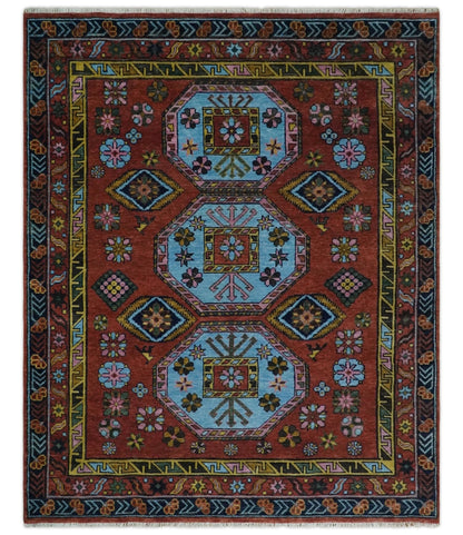 Hand Knotted Maroon and Blue Traditional Antique look Multi Size Wool Area Rug.