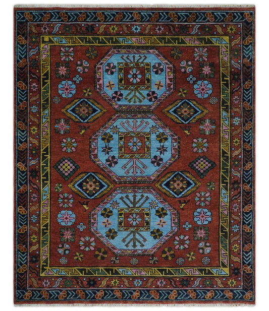 Hand Knotted Maroon and Blue Traditional Antique look Multi Size Wool Area Rug.