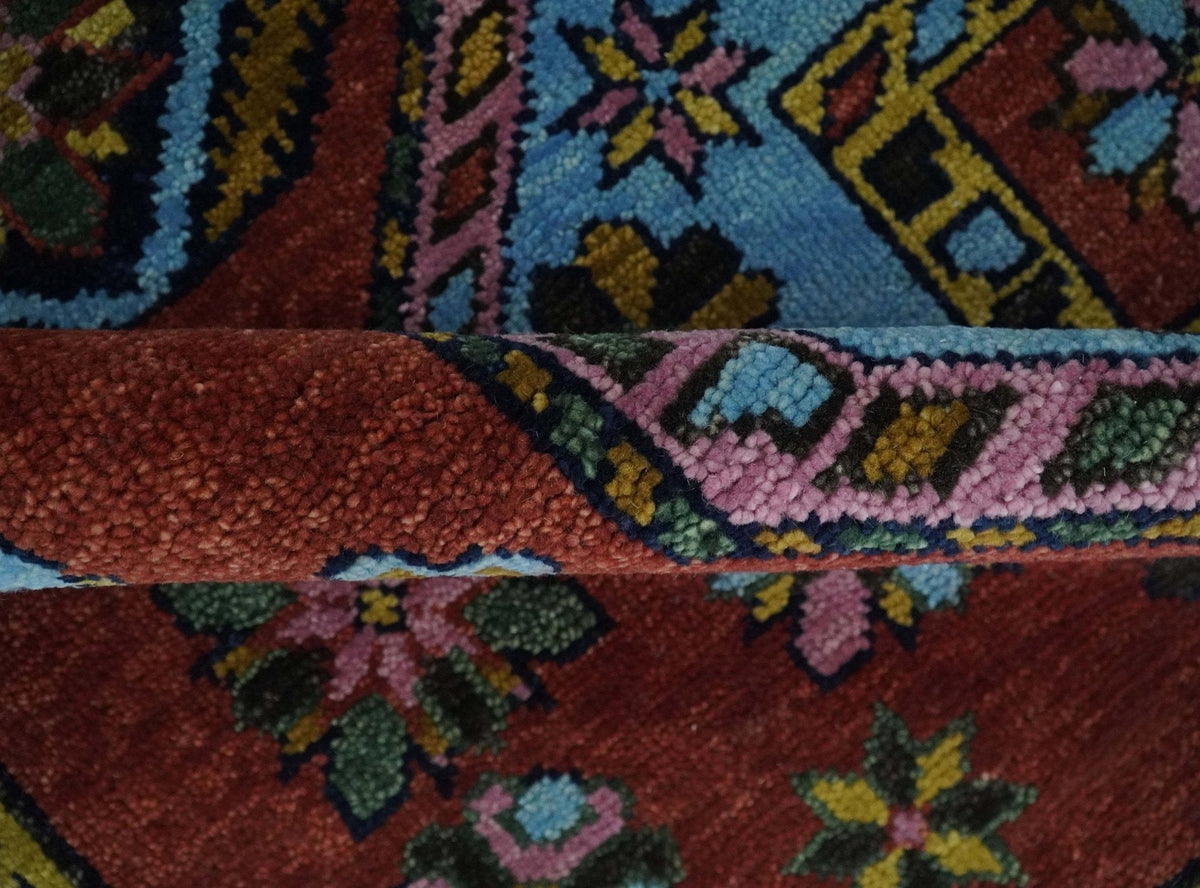 Hand Knotted Maroon and Blue Traditional Antique look Multi Size Wool Area Rug.