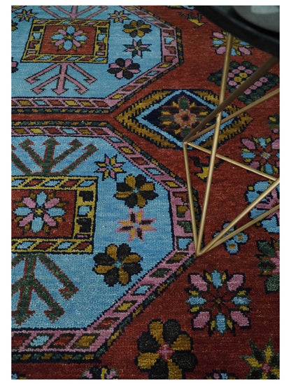Hand Knotted Maroon and Blue Traditional Antique look Multi Size Wool Area Rug.