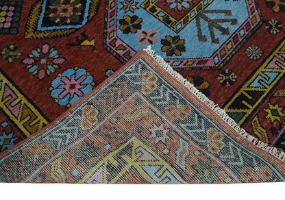 Hand Knotted Maroon and Blue Traditional Antique look Multi Size Wool Area Rug.