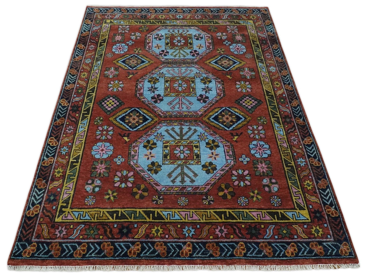 Hand Knotted Maroon and Blue Traditional Antique look Multi Size Wool Area Rug.