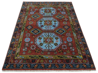 Hand Knotted Maroon and Blue Traditional Antique look Multi Size Wool Area Rug.