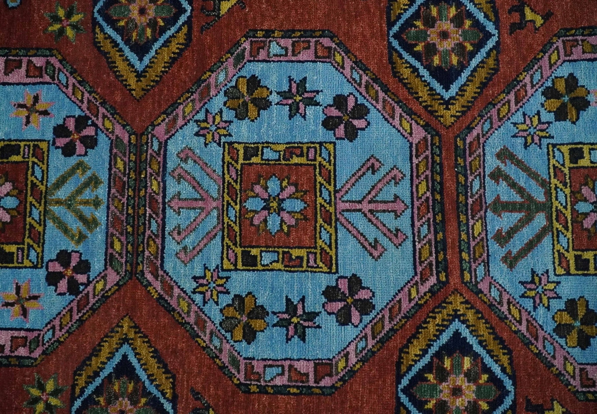 Hand Knotted Maroon and Blue Traditional Antique look Multi Size Wool Area Rug.