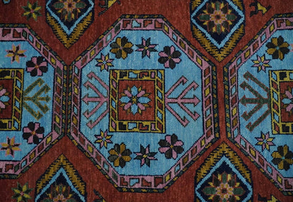 Hand Knotted Maroon and Blue Traditional Antique look Multi Size Wool Area Rug.