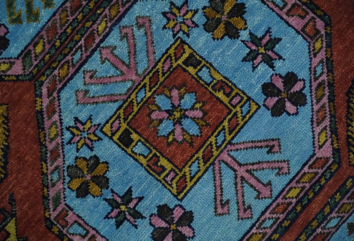 Hand Knotted Maroon and Blue Traditional Antique look Multi Size Wool Area Rug.