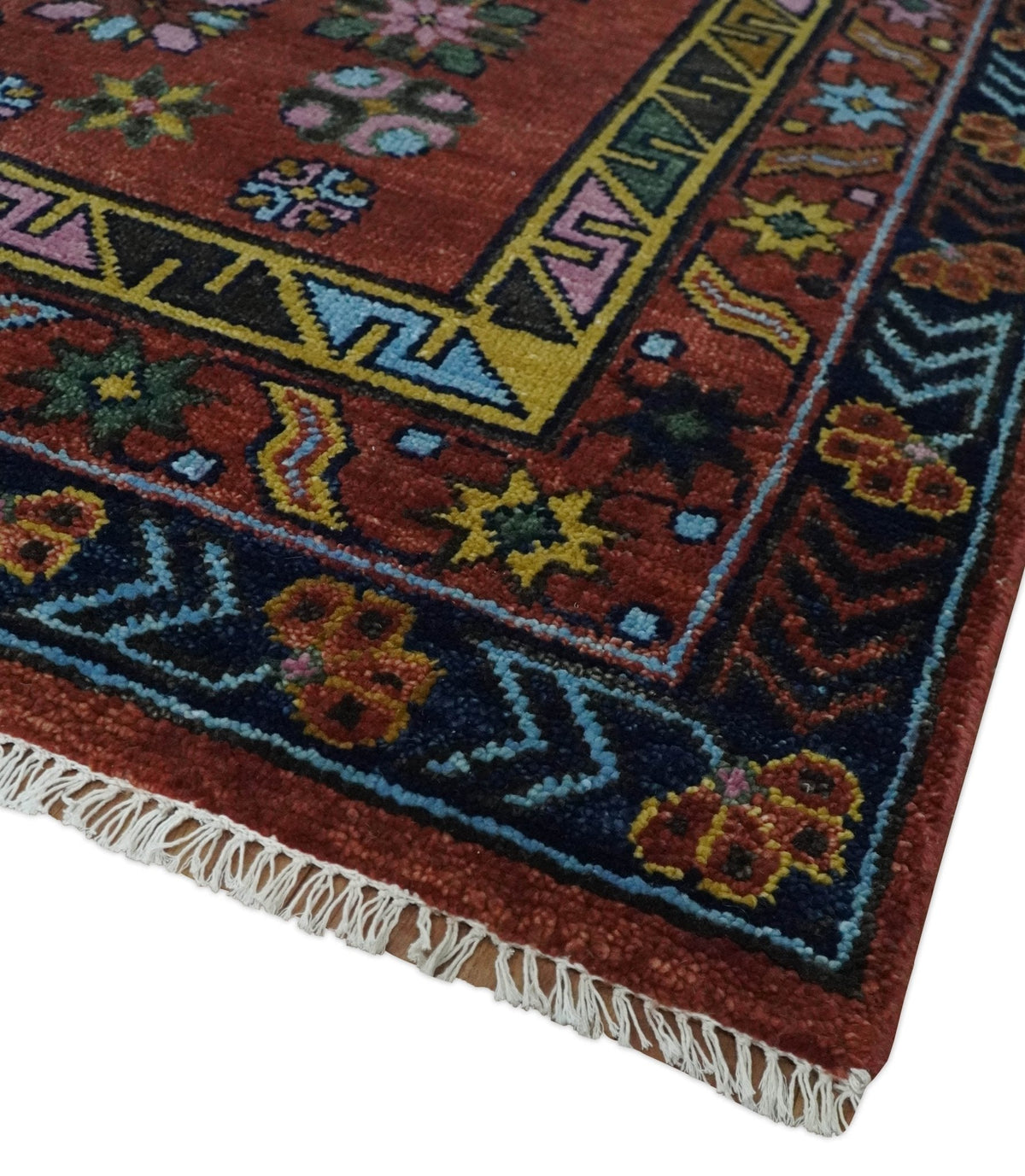 Hand Knotted Maroon and Blue Traditional Antique look Multi Size Wool Area Rug.