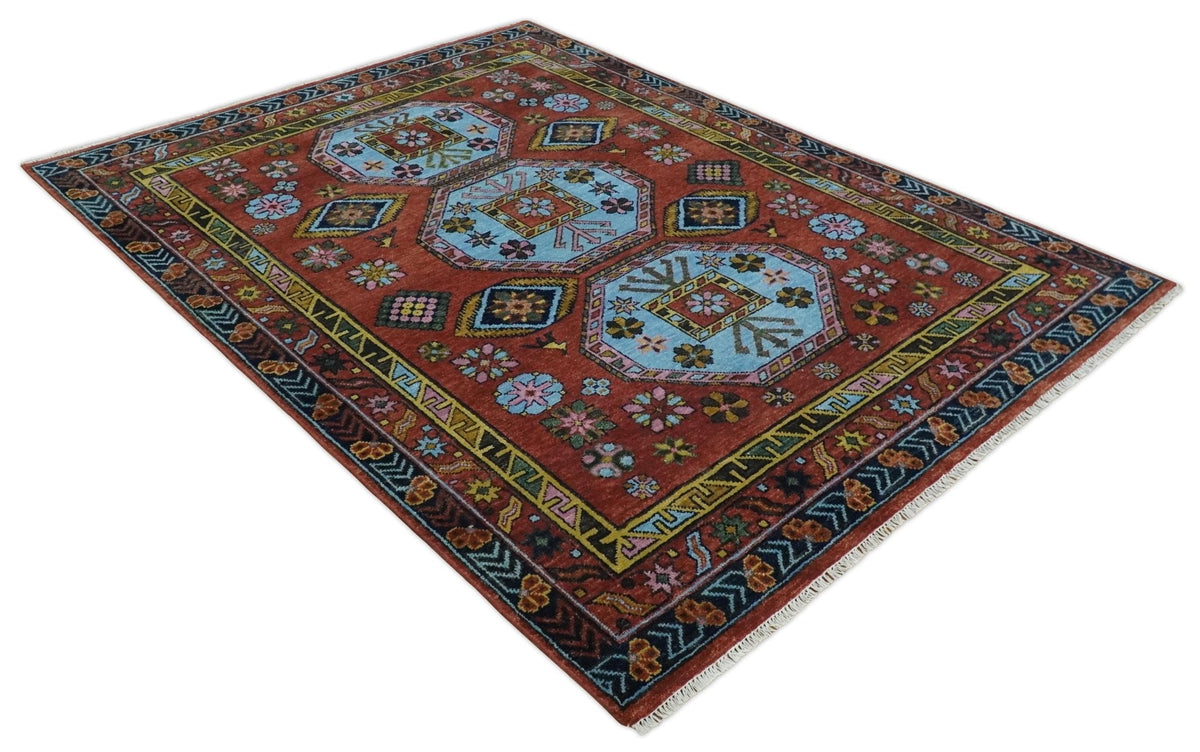 Hand Knotted Maroon and Blue Traditional Antique look Multi Size Wool Area Rug.