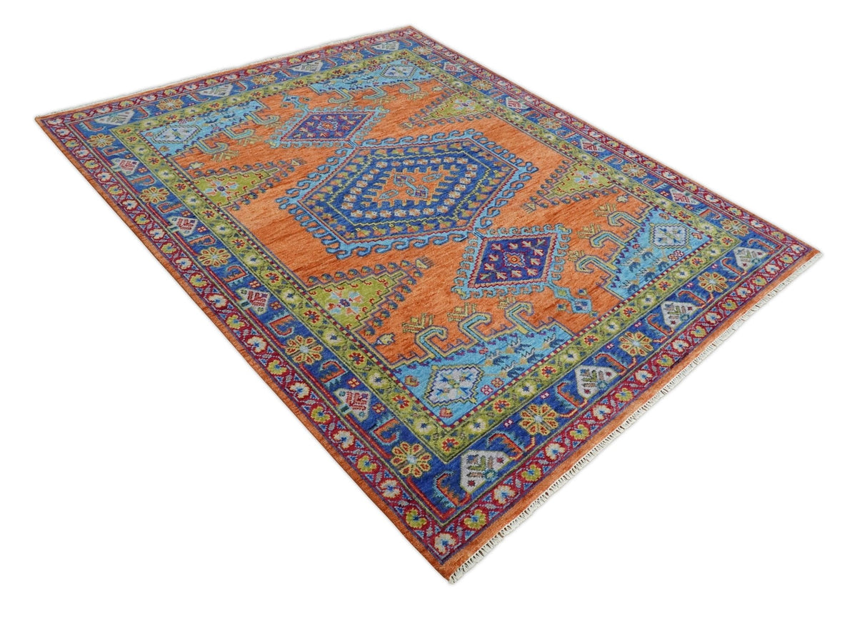 Hand Knotted Rust And Blue Traditional Multi Size Antique Wool Area Rug.