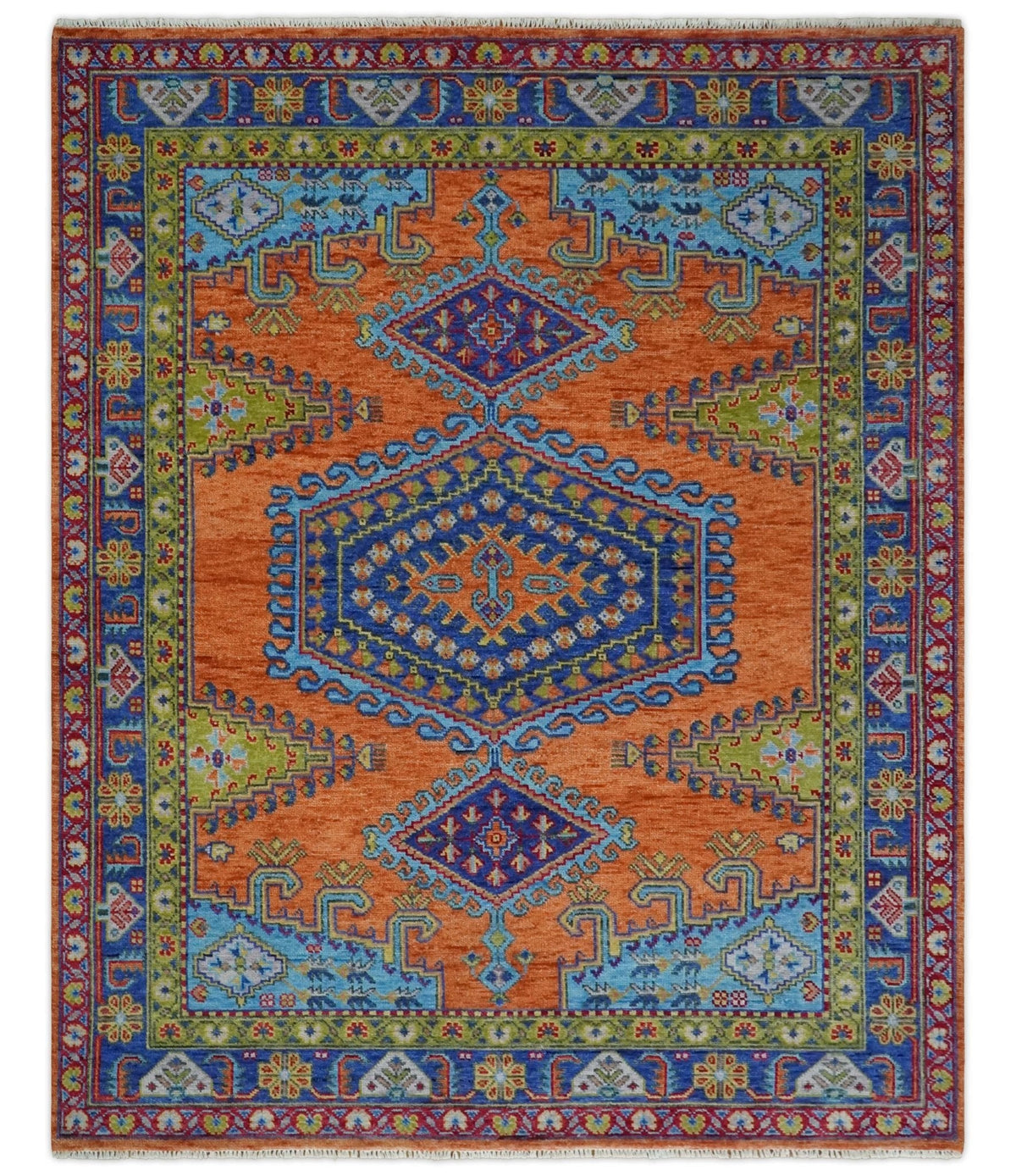 Hand Knotted Rust And Blue Traditional Multi Size Antique Wool Area Rug.