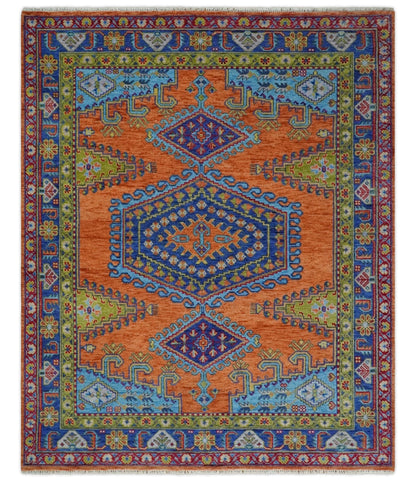 Hand Knotted Rust And Blue Traditional Multi Size Antique Wool Area Rug.