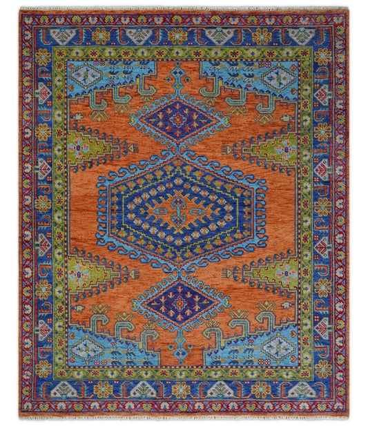 Hand Knotted Rust And Blue Traditional Multi Size Antique Wool Area Rug.