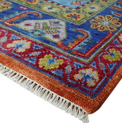 Hand Knotted Rust And Blue Traditional Multi Size Antique Wool Area Rug.