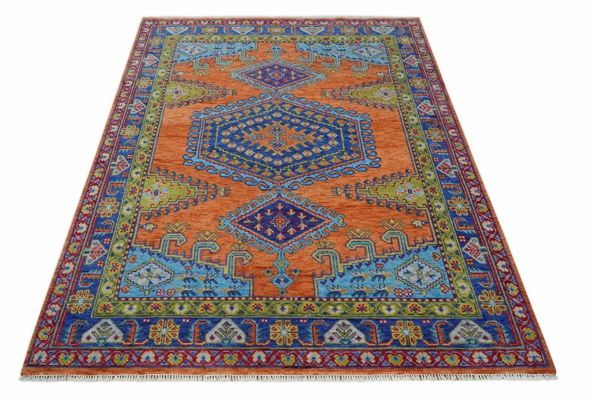 Hand Knotted Rust And Blue Traditional Multi Size Antique Wool Area Rug.