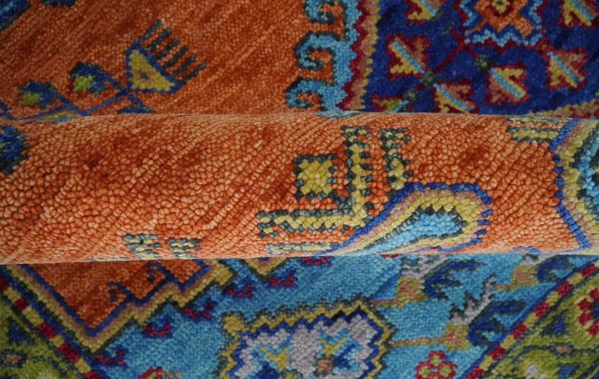 Hand Knotted Rust And Blue Traditional Multi Size Antique Wool Area Rug.