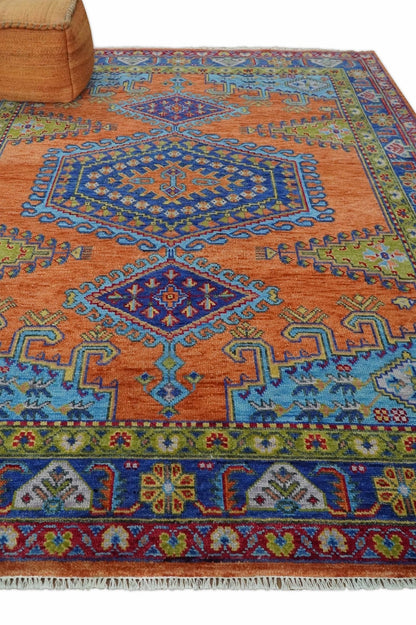 Hand Knotted Rust And Blue Traditional Multi Size Antique Wool Area Rug.