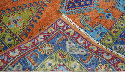Hand Knotted Rust And Blue Traditional Multi Size Antique Wool Area Rug.