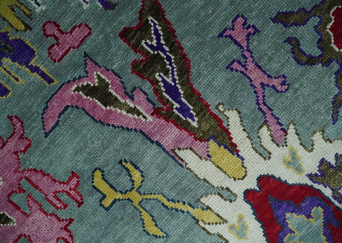 Vibrant colorful Gray And Ivory Hand Knotted Traditional Oushak wool Area Rug.