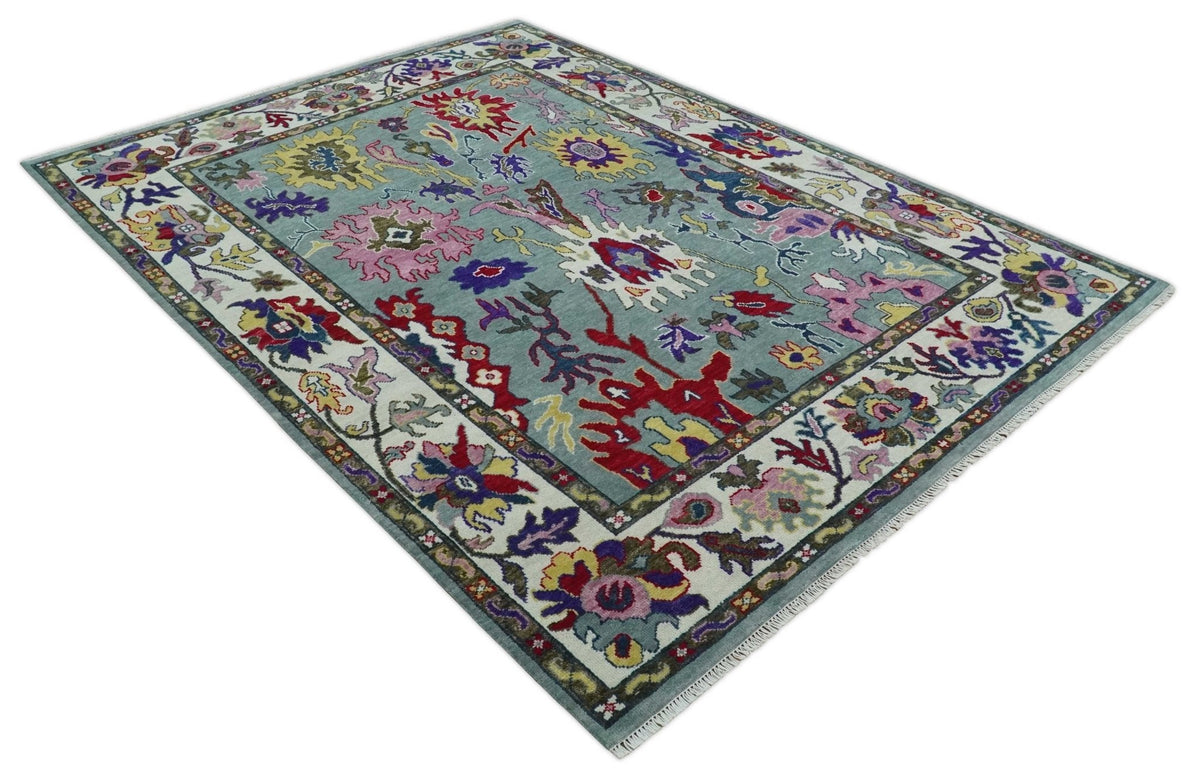 Vibrant colorful Gray And Ivory Hand Knotted Traditional Oushak wool Area Rug.