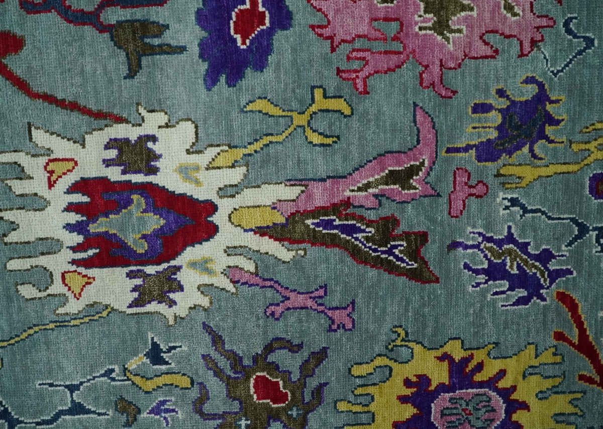 Vibrant colorful Gray And Ivory Hand Knotted Traditional Oushak wool Area Rug.