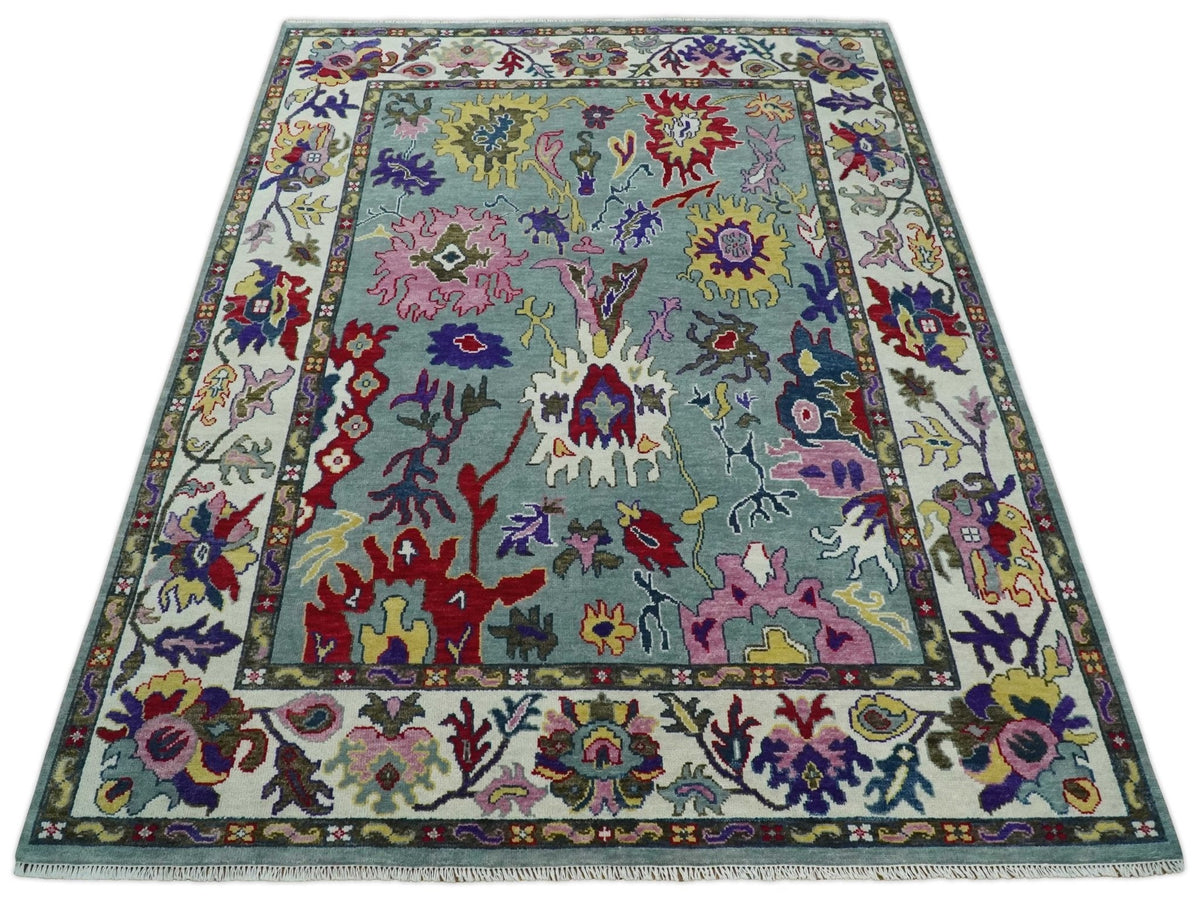 Vibrant colorful Gray And Ivory Hand Knotted Traditional Oushak wool Area Rug.