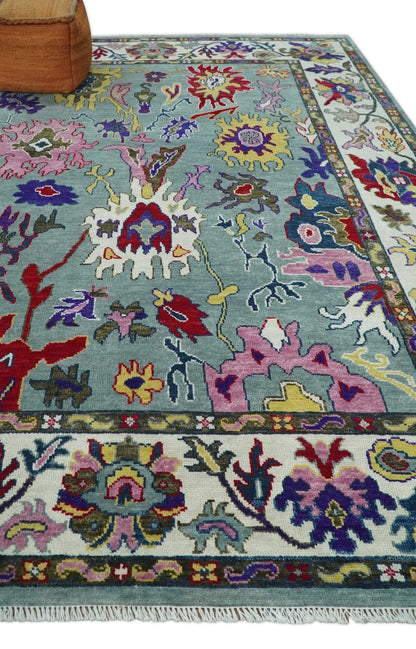 Vibrant colorful Gray And Ivory Hand Knotted Traditional Oushak wool Area Rug.