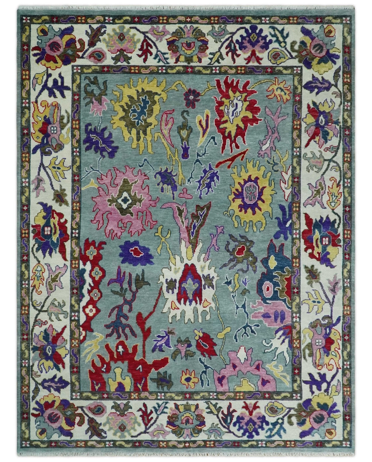 Vibrant colorful Gray And Ivory Hand Knotted Traditional Oushak wool Area Rug.