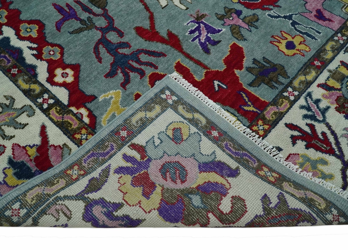 Vibrant colorful Gray And Ivory Hand Knotted Traditional Oushak wool Area Rug.