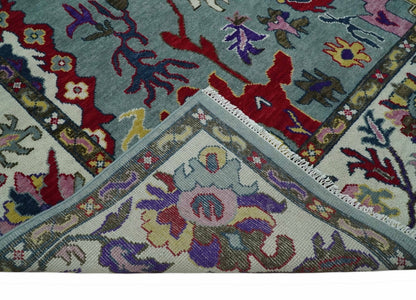 Vibrant colorful Gray And Ivory Hand Knotted Traditional Oushak wool Area Rug.