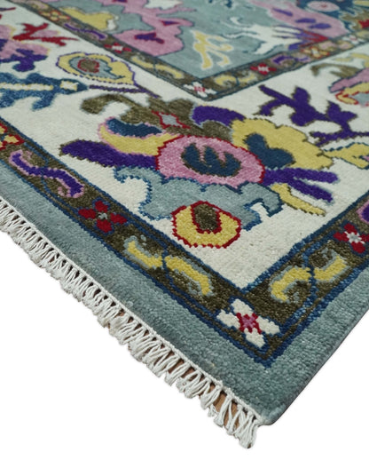 Vibrant colorful Gray And Ivory Hand Knotted Traditional Oushak wool Area Rug.