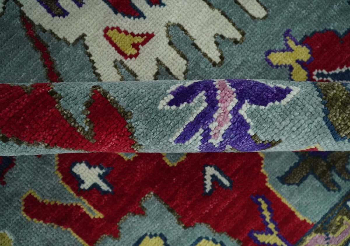 Vibrant colorful Gray And Ivory Hand Knotted Traditional Oushak wool Area Rug.