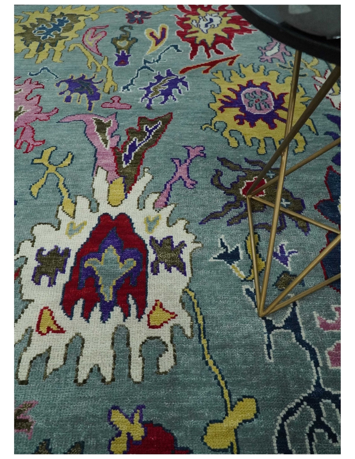 Vibrant colorful Gray And Ivory Hand Knotted Traditional Oushak wool Area Rug.