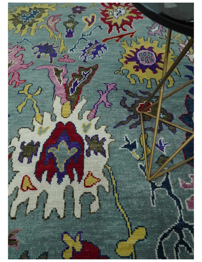 Vibrant colorful Gray And Ivory Hand Knotted Traditional Oushak wool Area Rug.