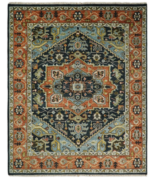 Rust, Blue and Aqua Traditional Heriz Hand knotted Multi Size wool Area Rug.