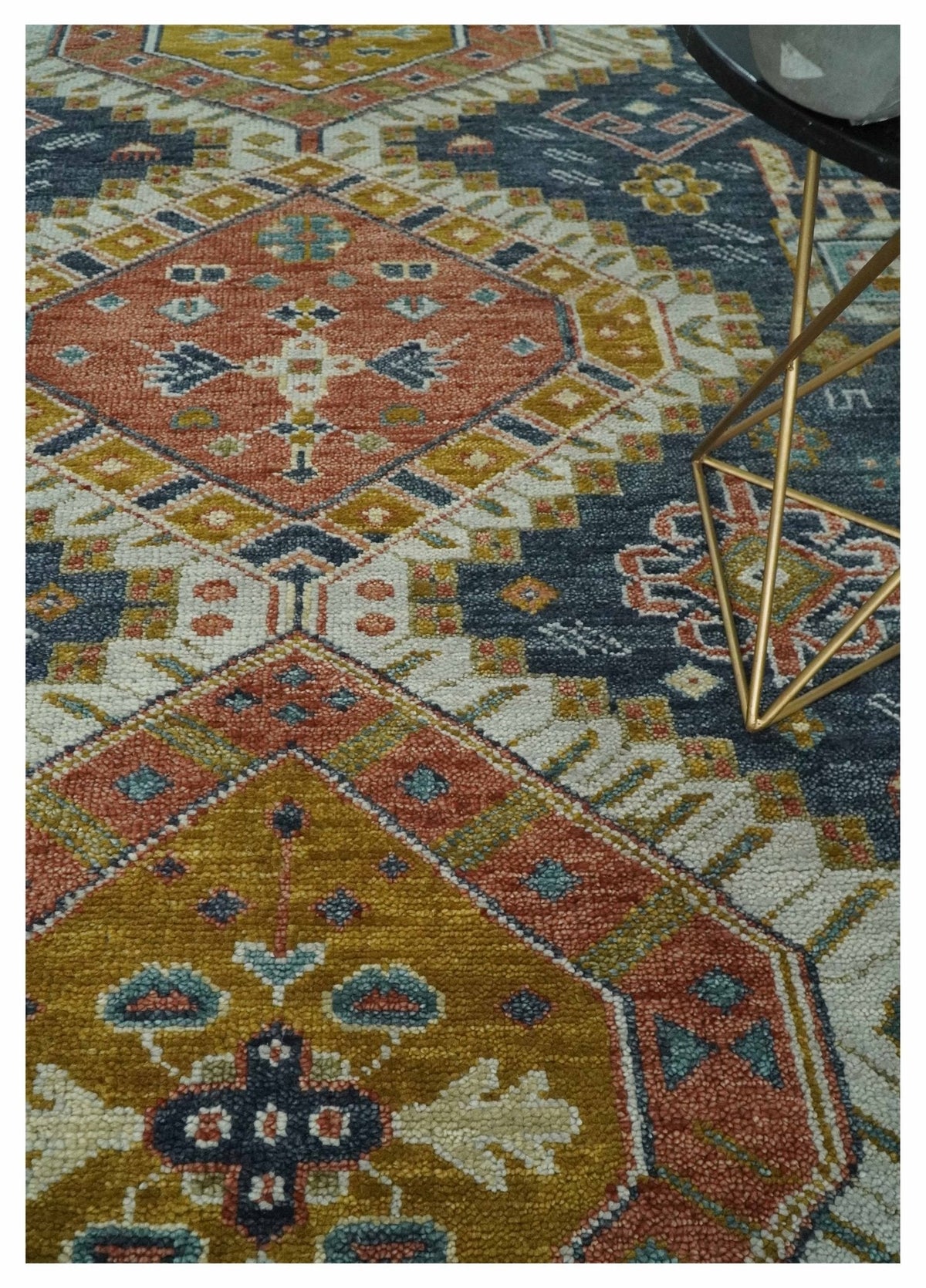 Rust, Gold and Blue Traditional Hand knotted Custom Made wool Area Rug.