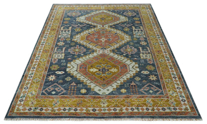 Rust, Gold and Blue Traditional Hand knotted Custom Made wool Area Rug.