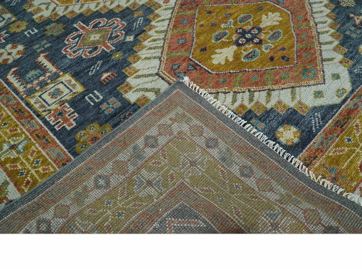 Rust, Gold and Blue Traditional Hand knotted Custom Made wool Area Rug.