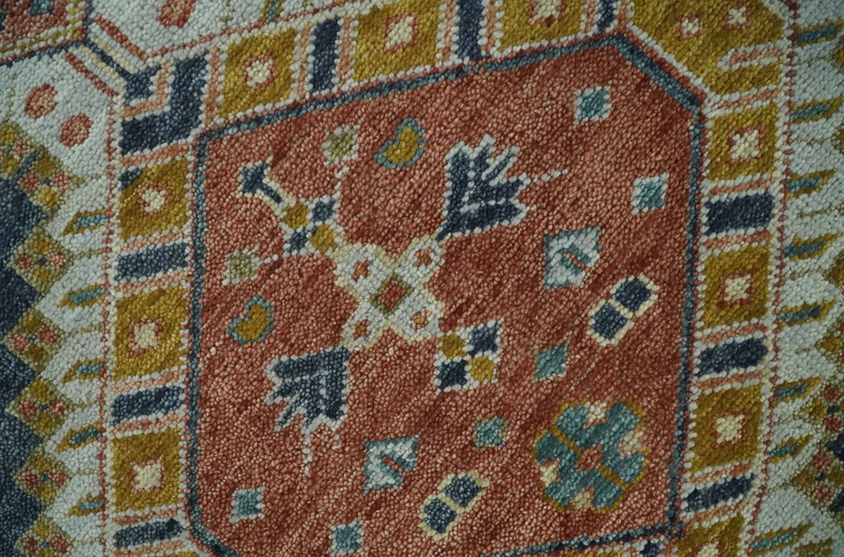 Rust, Gold and Blue Traditional Hand knotted Custom Made wool Area Rug.
