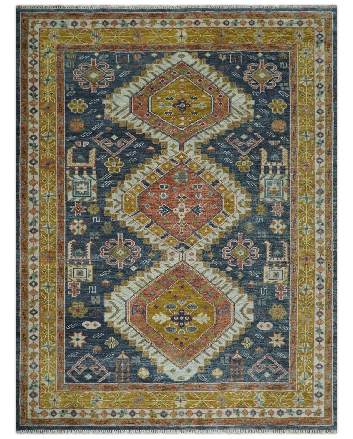 Rust, Gold and Blue Traditional Hand knotted Custom Made wool Area Rug.