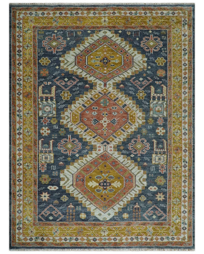 Rust, Gold and Blue Traditional Hand knotted Custom Made wool Area Rug.
