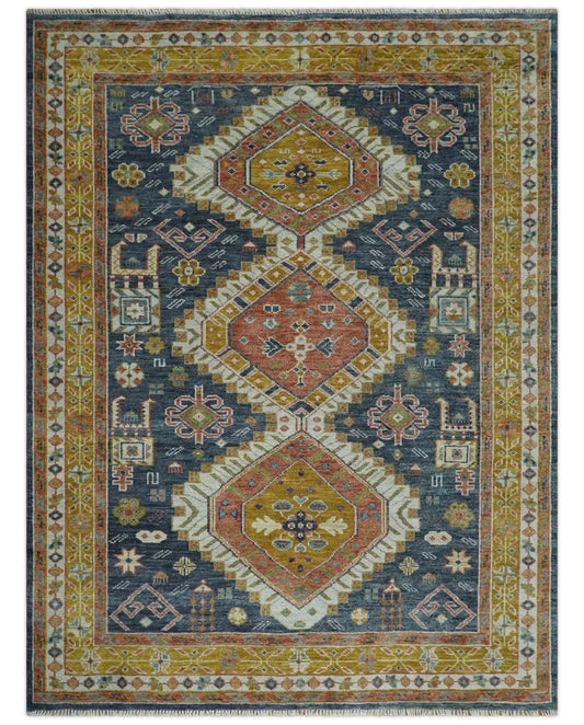 Rust, Gold and Blue Traditional Hand knotted Custom Made wool Area Rug.