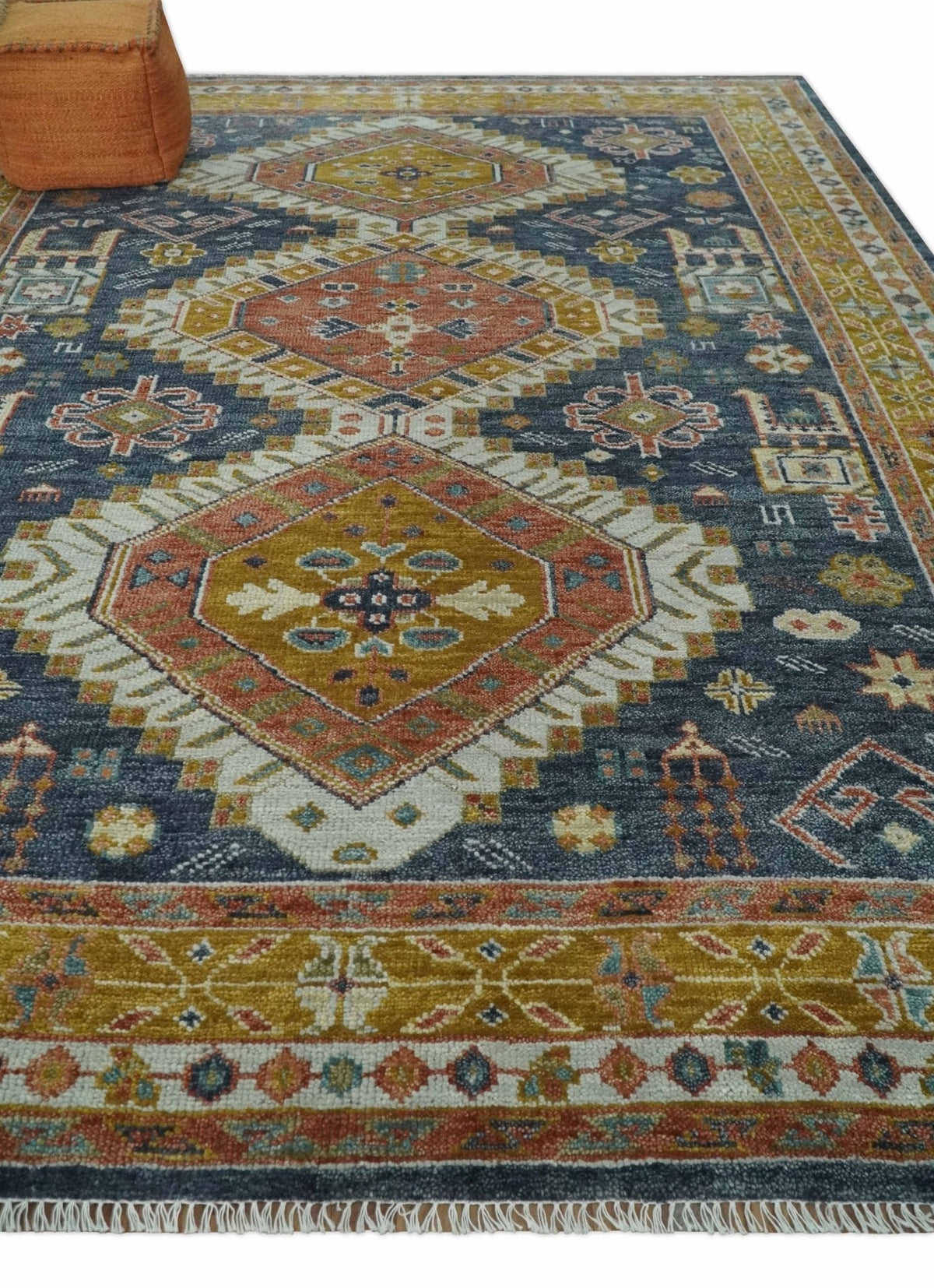 Rust, Gold and Blue Traditional Hand knotted Custom Made wool Area Rug.