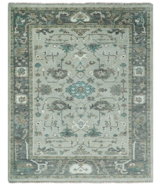 Gray and Ivory Traditional Oriental Oushak Hand Knotted wool Area Rug.