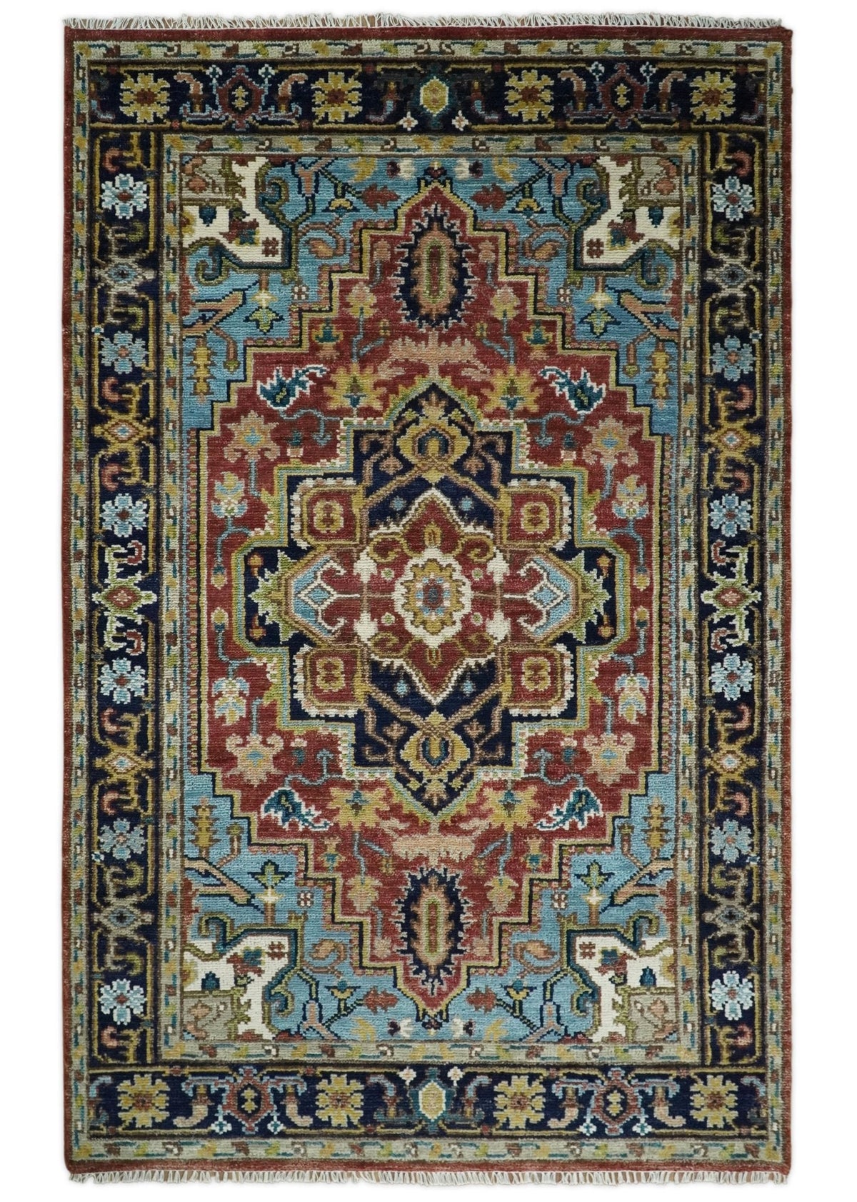 Rust And Blue Traditional Medallion Hand Knotted Wool Area Rug.