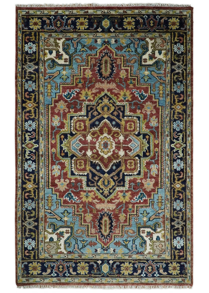 Rust And Blue Traditional Medallion Hand Knotted Wool Area Rug.