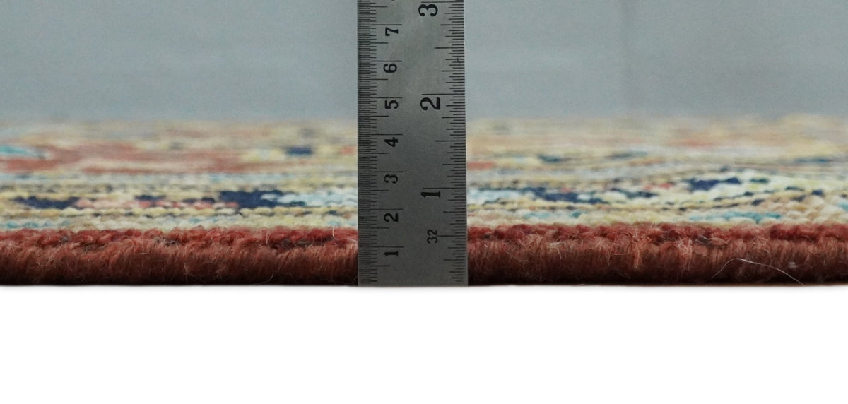 Rust And Blue Traditional Medallion Hand Knotted Wool Area Rug.