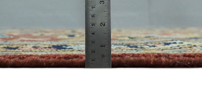 Rust And Blue Traditional Medallion Hand Knotted Wool Area Rug.