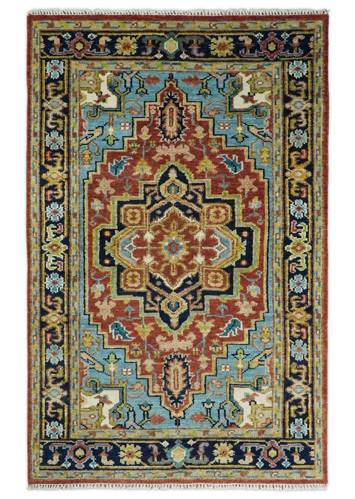 Rust And Blue Traditional Medallion Hand Knotted Wool Area Rug.