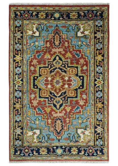 Rust And Blue Traditional Medallion Hand Knotted Wool Area Rug.