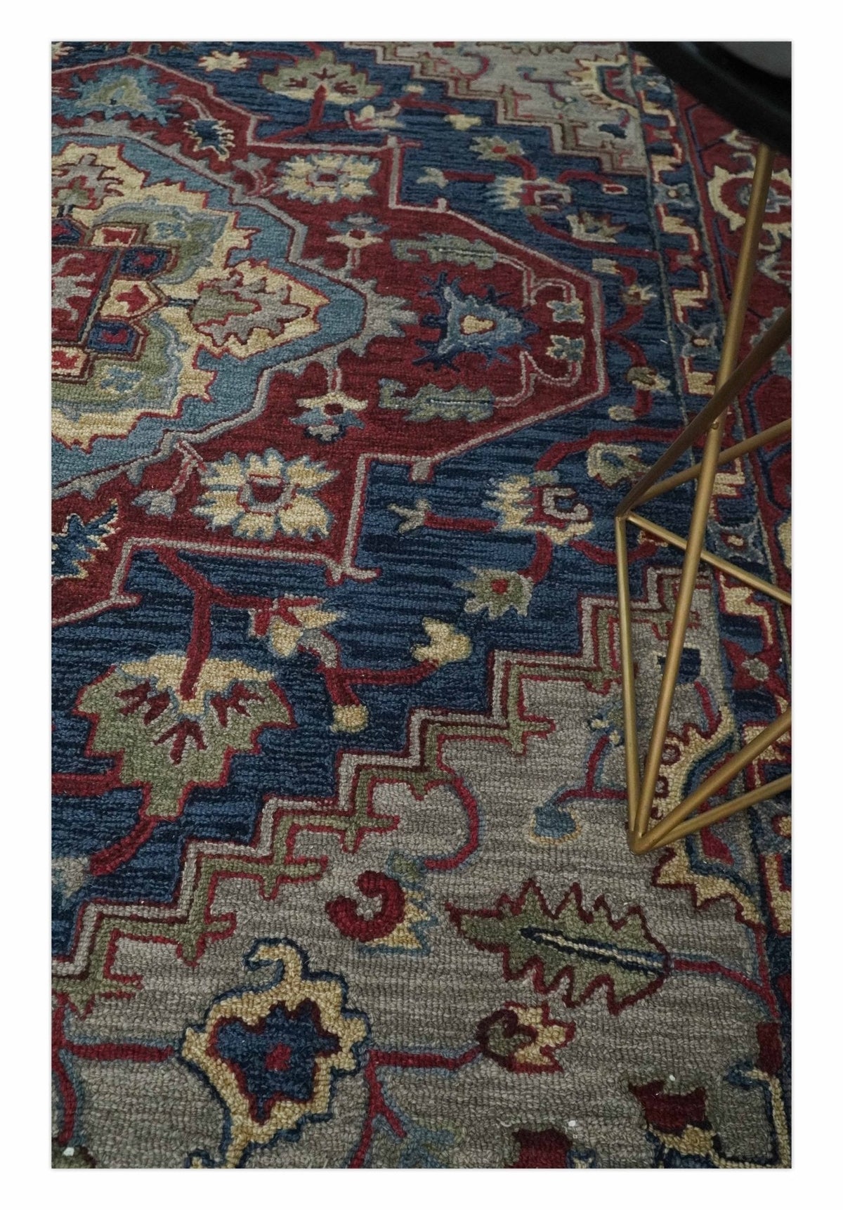 Maroon and Blue Hand Tufted Traditional Medallion Multi Size wool Area Rug.